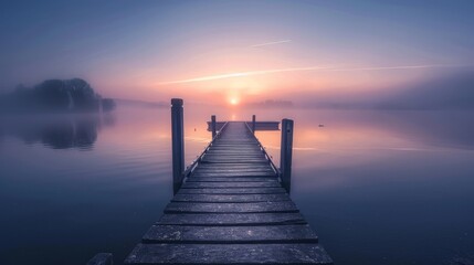 The calmness of a misty lake at sunrise - obrazy, fototapety, plakaty
