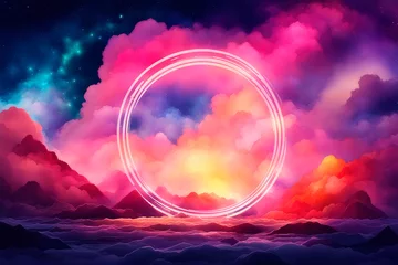 Gordijnen Abstract background with glowing circle over beautiful with magical clouds, futuristic landscape. © elena_hramowa