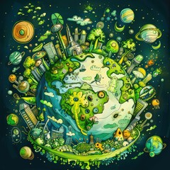 illustration of an eco planet with diverse green colored objects