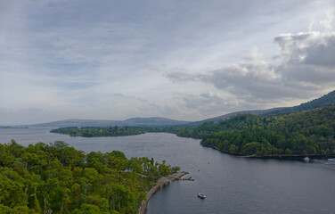 Fototapeta na wymiar Loch Lomond aerial view showing islands Inchtavannach, Inchconnachan, Inchcruin and Inchfad