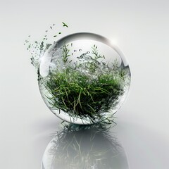 ball floating in water in green grass, white background, in the style of bubble