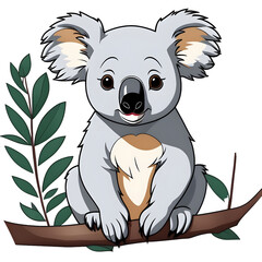 Koala Bear On Wood Branch With Green Leaves. Australian Animal Funniest Koala Sitting On Eucalyptus Branch. Cartoon Vector Illustration.