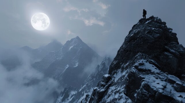 A lonely climber stand on top of cloudy mountain with moonlight.