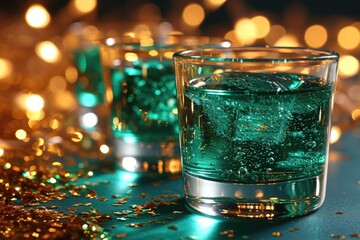 Glasses of green ale against a background of golden holiday tinsel. Banner for St. Patrick's Day - obrazy, fototapety, plakaty