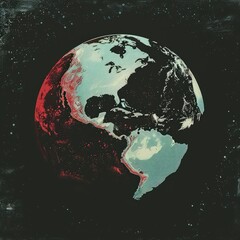 black planet earth illustration, in the style of dark teal and light red