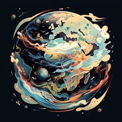 earth abstract painting on black background, in the style of colored cartoon