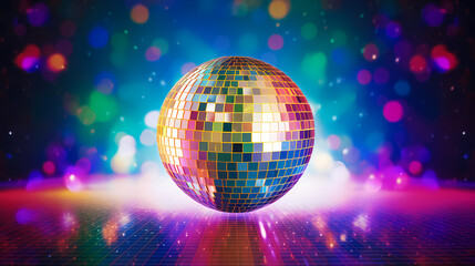 Fototapeta na wymiar Disco ball illustration, disco ball with rainbow colored light reflections