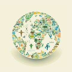 multicolored earth with colorful icons, white background, in the style of light green and beige, circular shapes