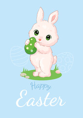 Flat illustration of a cute Easter bunny with Easter eggs.A4 Easter congratulations cards.