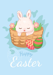Flat illustration of a cute Easter bunny with Easter eggs.A4 Easter congratulations cards.