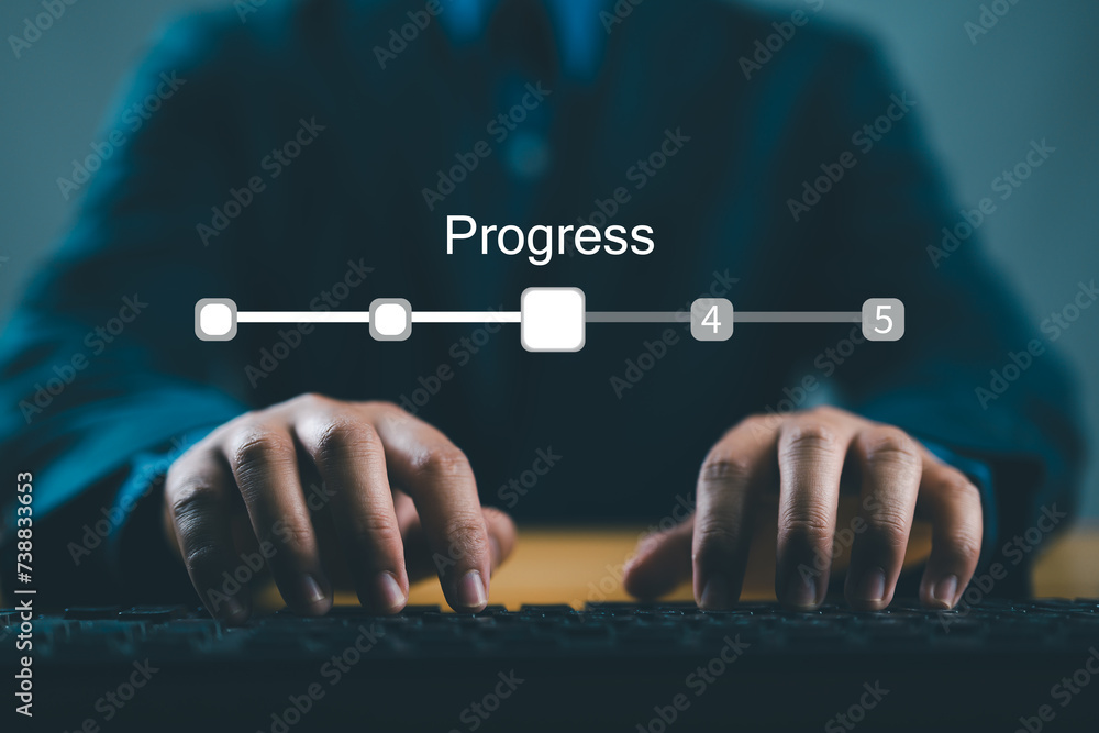 Aufkleber Businessman using computer keyboard to update status in checklist to remind work task progressive for project develop management and tracking concept.