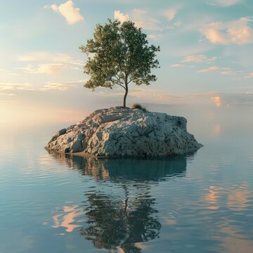  tree on top of a island in the water,  dreamlike illustration