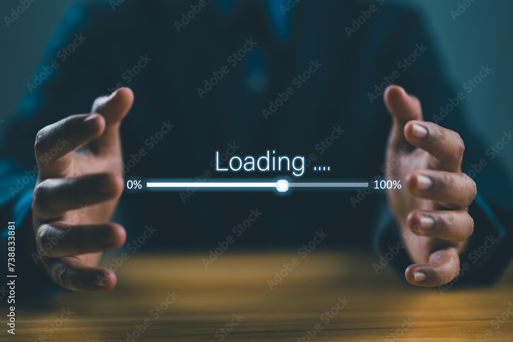 Poster Digital loading bar progress from 0% to 100% between businessman hands for information download data concept..