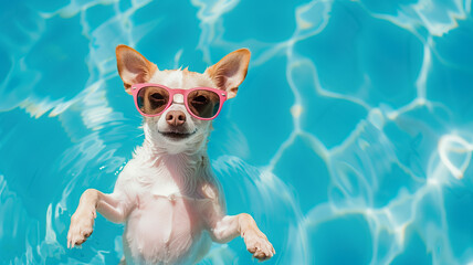 Chihuahua dog with sunglasses on swimming pool. Pet in summer vacation concept - obrazy, fototapety, plakaty