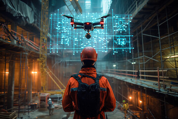 Drone remote controlled by operated scans or sends virtual projection, digital 3d scheme at a construction site, technology UAV - obrazy, fototapety, plakaty
