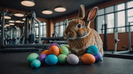 An easter bunny with easter eggs in a fitness gym. Easter promotion picture for fitness centers. Generative AI.