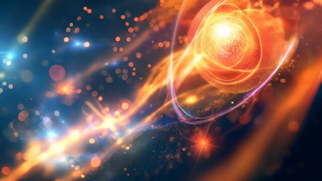 High-energy particles orbit around an atom, emitting bright light and colors. An explosion of energy and dynamic atomic movement is depicted.
