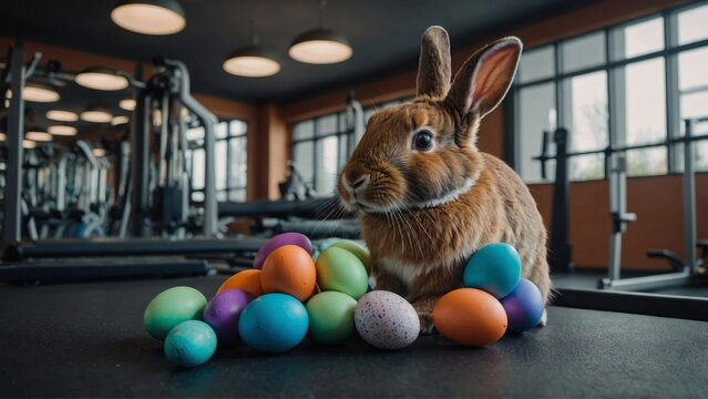 An easter bunny with easter eggs in a fitness gym. Easter promotion picture for fitness centers. Generative AI.