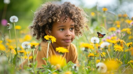 a scene of children playing outside, engaging with the signs of spring for the first time of the year--chasing butterflies, blowing dandelion seeds, or picking the first flowers.