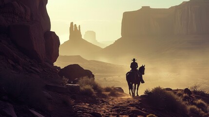 Cowboy on horseback with landscape of American’s Wild West with desert sandstones. - obrazy, fototapety, plakaty