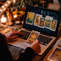 A digital Tarot reading session on a laptop, showcasing the fusion of technology and ancient divination practices.--ar 2:3 --v 6 Job ID: 5b30c227-ac68-4ee5-9f35-4dd504cfb1db - obrazy, fototapety, plakaty