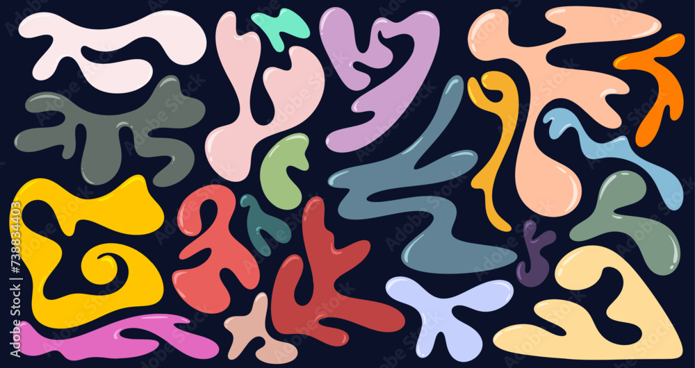 Poster set of liquid abstract colored organic blob shapes. wavy elements bubbles and drops in trendy y2k st