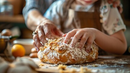 A cozy kitchen scene where a family is engaged in baking Irish soda bread for St. Patrick's Day