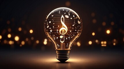 Abstraction of musical inspiration or a creative musical idea. Glowing music notes in a light bulb. Generative AI.