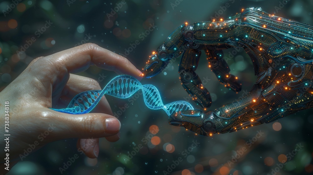 Poster In a virtual interface, hands of robots and humans are touching DNA as if they were connecting in a virtual interface on the future, science, technology and artificial intelligence.