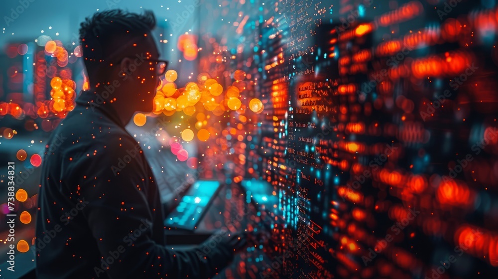 Poster An animation of a man programmer, software developer working on a digital tablet and smart city with binary and html codes displayed on a screen.