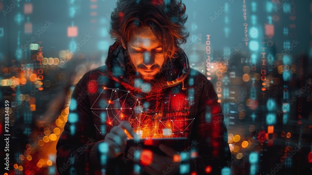 Fototapete IoT concept, business and technology, man programmer, software developer, binary, html coding on screen for digital tablet and smart city.