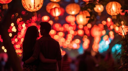 A young couple in lantern festival in street to celebrate Chinese lunar new year.