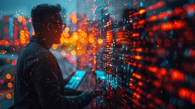 An animation of a man programmer, software developer working on a digital tablet and smart city with binary and html codes displayed on a screen.