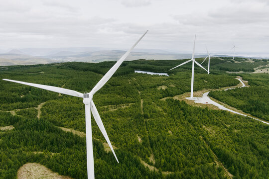 Connemara aerial landscape with wind turbines of Galway Wind Park located in Cloosh Valley, County Galway. Largest onshore wind farm in Ireland. Galway Wind Way recreation.