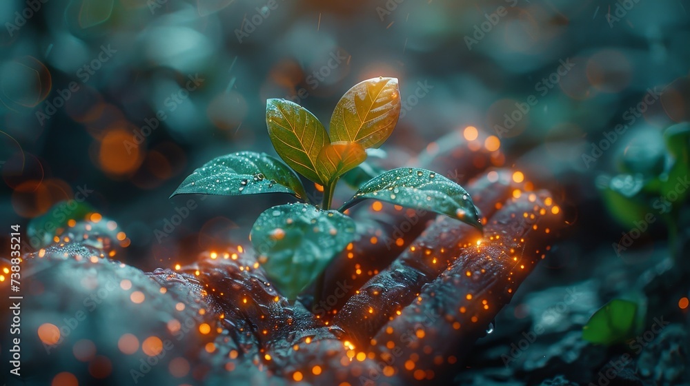 Leinwandbilder Plant sprouts or seeds in the hand. Low polygon. Agritech and science concept. Ecosystem based on technology. Hi-tech and futuristic. Background of digital and technology concept.