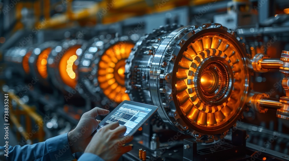 Poster industrial engineers visualize a 3d model of a clean green energy engine on a tablet computer. high-
