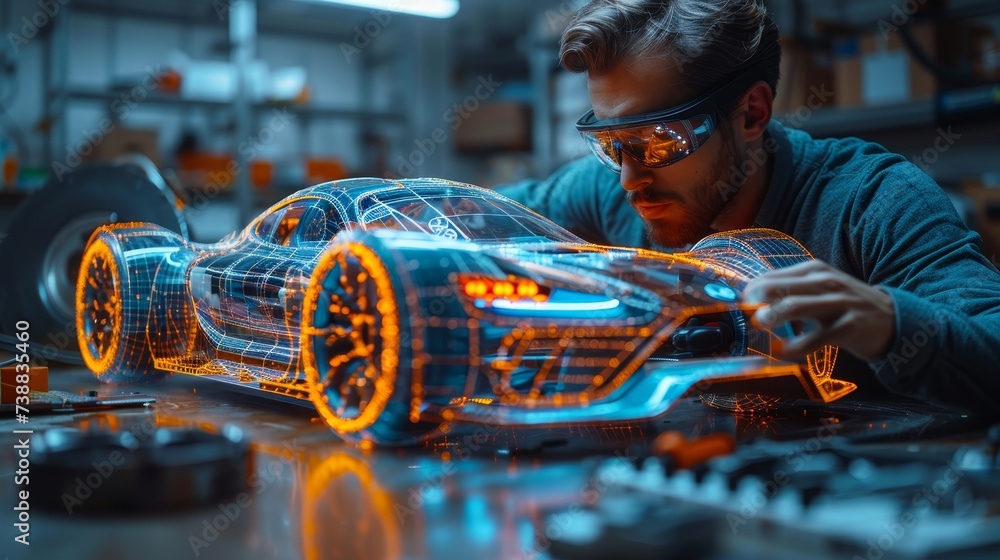Leinwandbilder an automotive engineer uses augmented reality to construct a 3d model of a high-tech electric vehicl