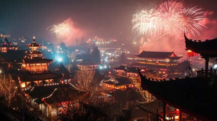 Beautiful fireworks show in city over traditional building to celebrate Chinese lunar new year.