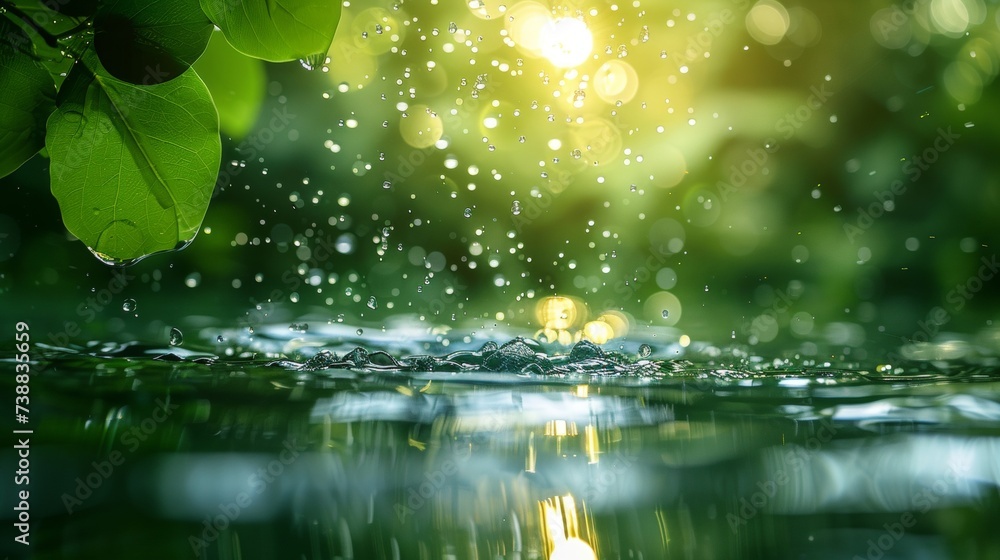 Poster an abstract blurred transparent green colored clear calm water surface texture with splashing, bubbl