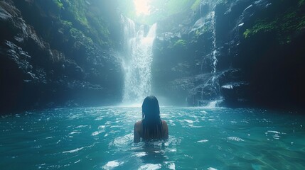 Hawaii's Kauai is home to a waterfall where a girl swims below.