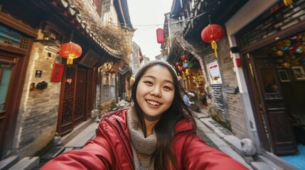 Fototapeta na wymiar A young girl taking selfie in old town street with Chinese lunar new year decoration.