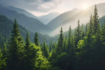 Mountain landscape. Amazing wild nature view of deep evergreen forest landscape on sunlight at...