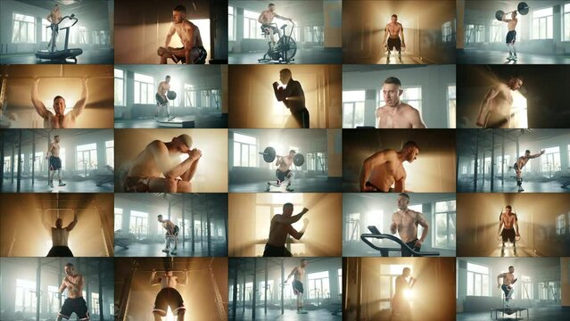 25 video collage featuring a male athlete performing various exercises in a gym with both cool and warm lighting. The man exhibits his professionalism in many sports exercises.