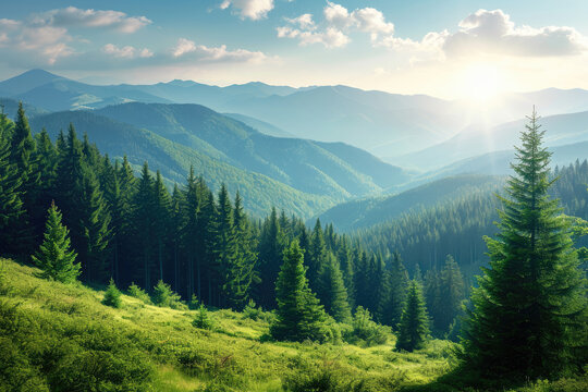 Mountain landscape. Amazing wild nature view of deep evergreen forest landscape on sunlight at middle of summer