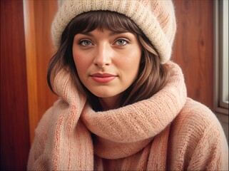 A girl in a warm knitted sweater, scarf and hat indoors.