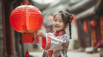 A little girl with a red lantern in street to celebrate Chinese lunar new year.