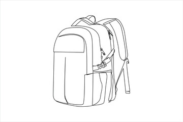 Fototapeta na wymiar Backpack in continuous one drawing. Rucksack black line sketch on white background. Back to school, education concept. Vector illustration