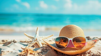 A summer hat with sunglasses on a sandy sea beach is a concept of hot summer and relaxation - obrazy, fototapety, plakaty