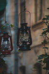 Fototapeta na wymiar old kerosene lamps as decor in a cafe
