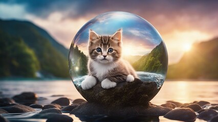 cat on the beach highly intricately detailed Playful scottish kitten cat isolated in a snow globe 